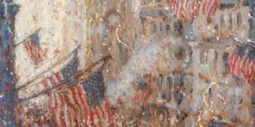 Painting with American flags and smoke in a city.