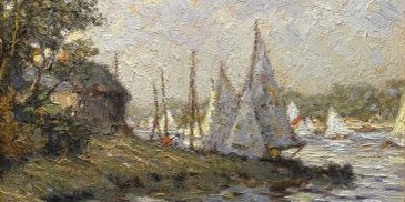 Impressionist painting of sailboats near a lakeshore.