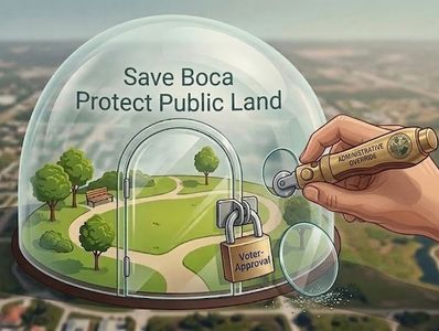 A hand uses an 'Administrative Override' key to unlock a dome protecting public land.