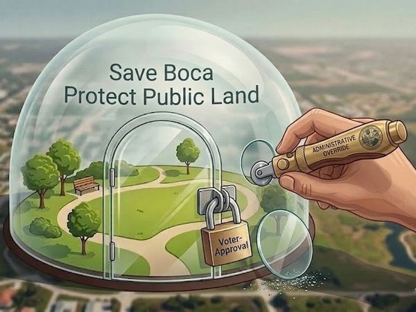 Illustration of a park under a glass dome with a locked door labeled 'Voter-Approval' and a hand using an 'Administrative Override' tool.