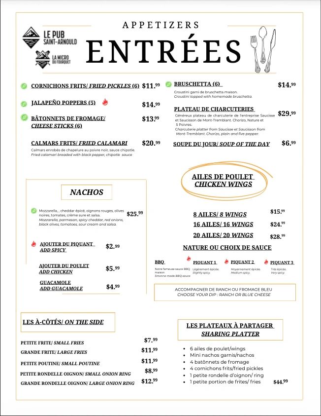 Menu d'entrées avec appetizers, nachos, ailes de poulet, et accompagnements.