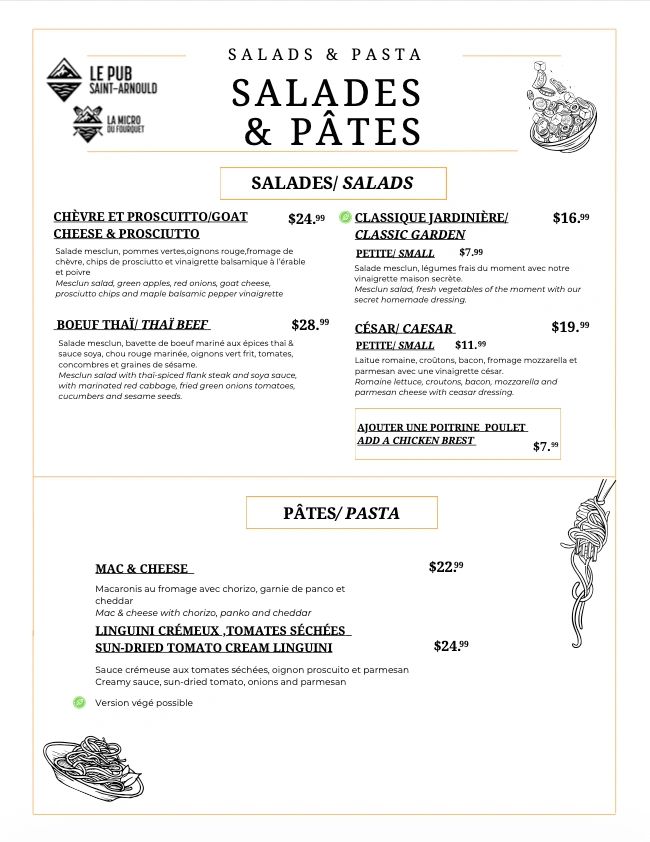 Menu de salades et pâtes avec différentes options.