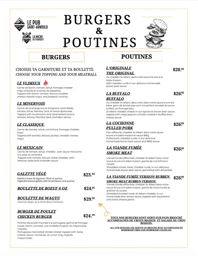 Menu de burgers et poutines avec garnitures variées.