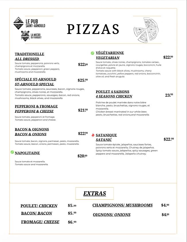 Menu de pizzas avec options végétariennes et extras.