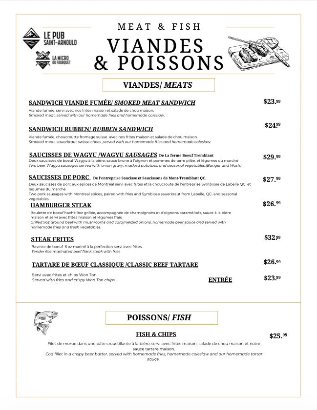 Menu viande et poisson avec sandwiches, saucisses, steak et fish &amp; chips.