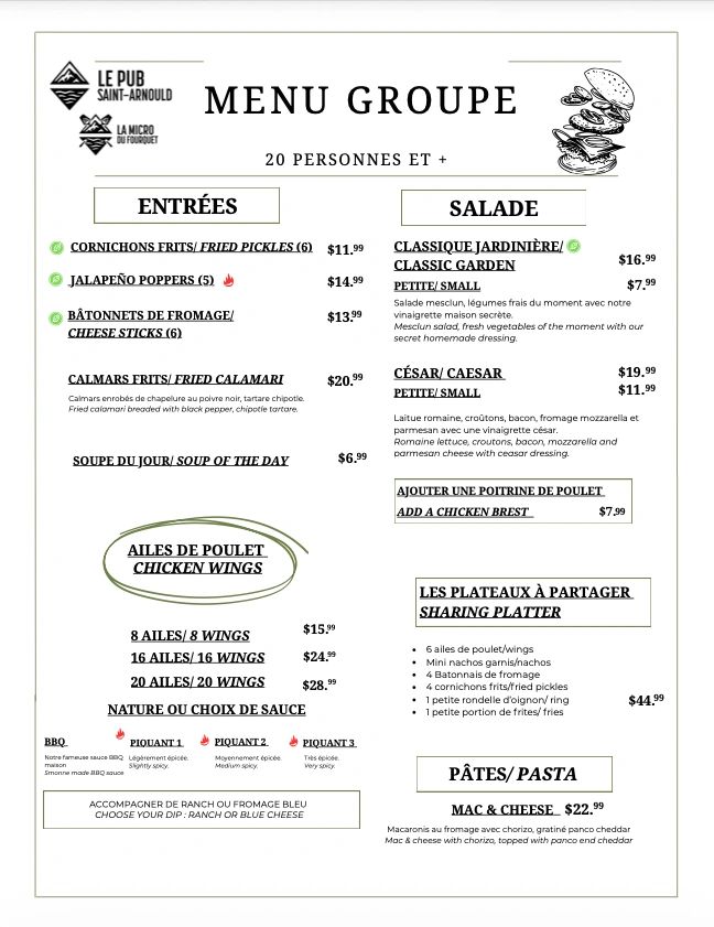Menu groupe avec entrées variées, salades, ailes de poulet, plateaux à partager et pâtes.