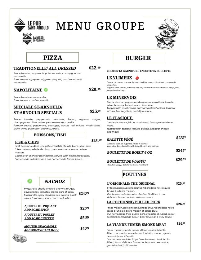 Menu de groupe avec pizzas, burgers, poissons, nachos et poutines.