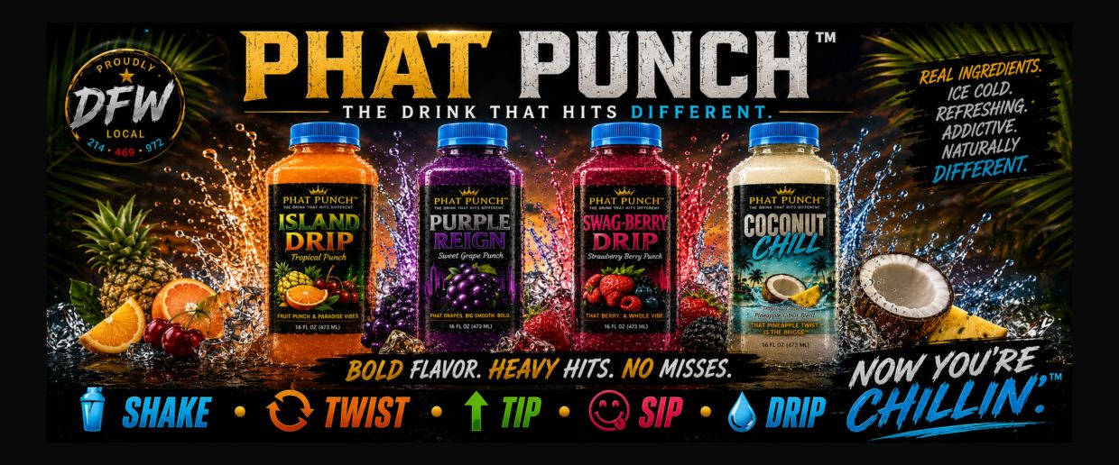 Colorful Phat Punch drink bottles with fruit splashes and bold flavor claims.
