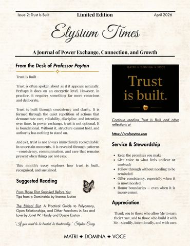 Cover of Elysium Times journal Issue 2, April 2026, focusing on trust and connection.