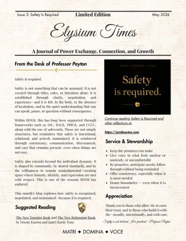 Cover of Elysium Times journal emphasizing the importance of safety in power exchange.