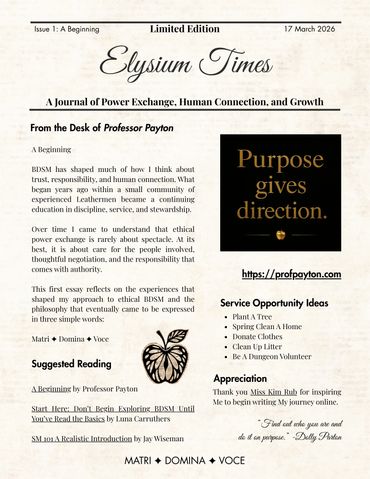 Newsletter titled Elysium Times focused on power exchange and growth.