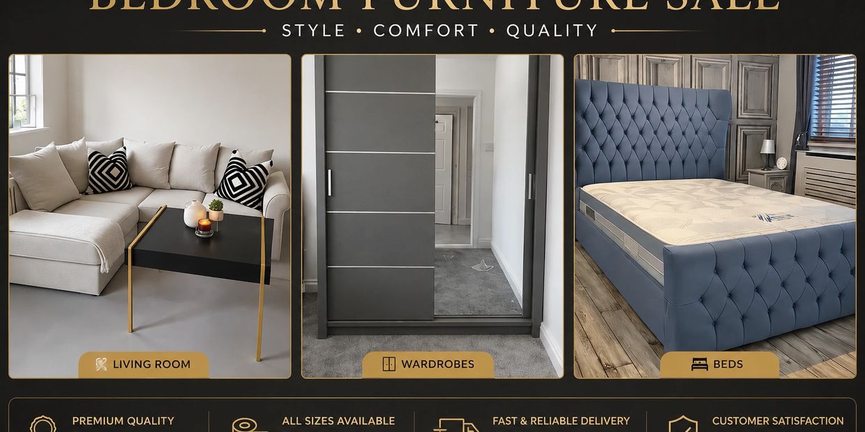 Bedroom furniture sale featuring stylish living room, wardrobes, and beds.