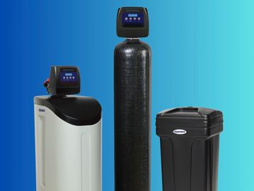 Three water treatment units against a blue gradient background.