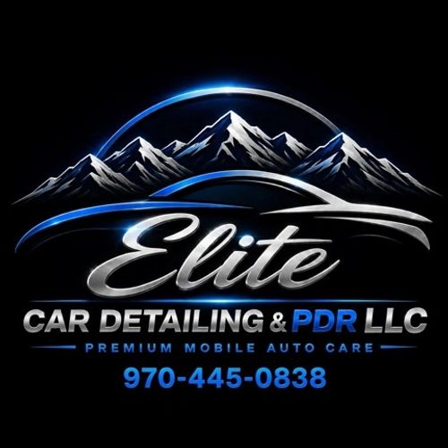 Logo for Elite Car Detailing & PDR LLC with mountain design and contact number.