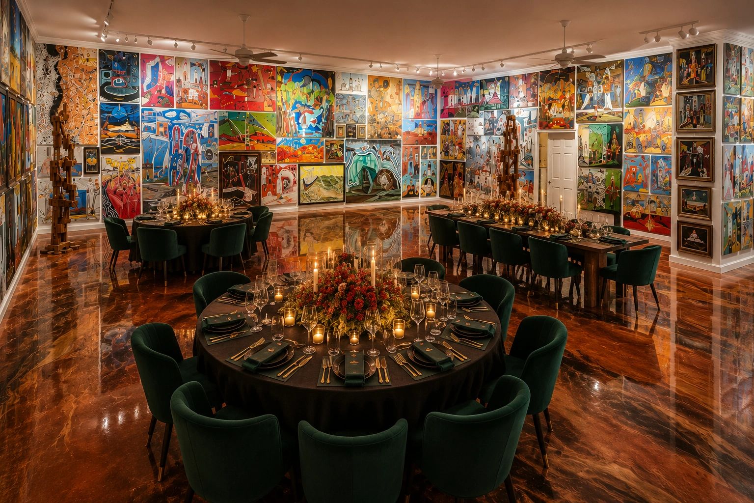 Elegant dining room with colorful abstract paintings and candlelit tables.