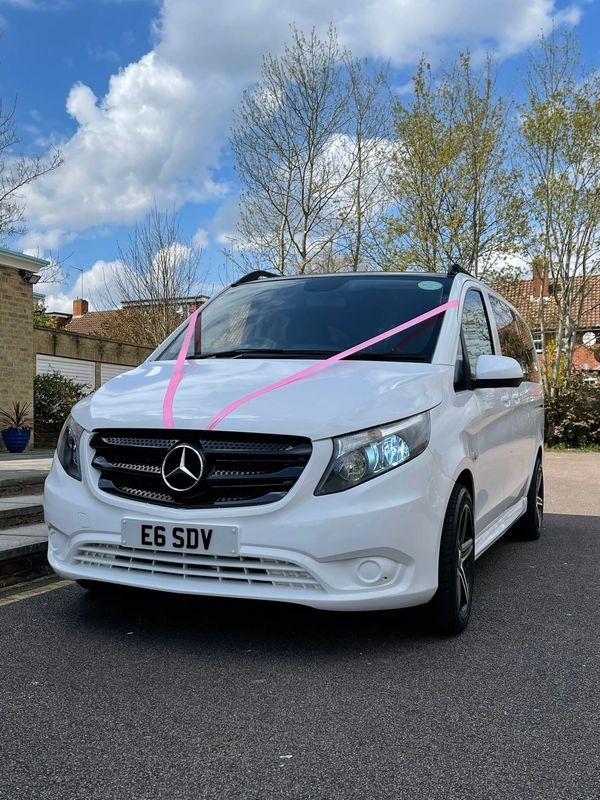 Mercedes Benz Vito For Hire in London 
White 9 seater 
Front shot exterior 
