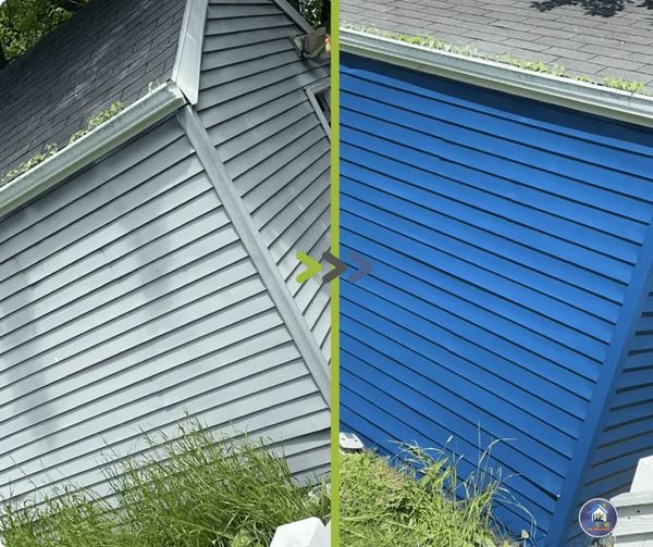 A before and after exterior paint job on a garage.