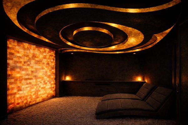 A cozy, dimly lit room with modern lounge chairs and warm golden ceiling design.