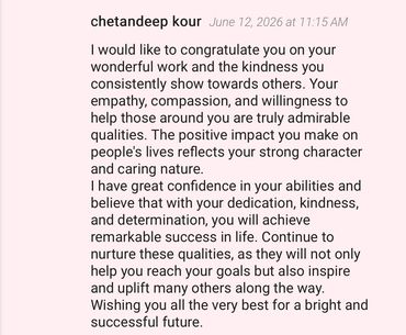 A heartfelt congratulatory message praising kindness, empathy, and determination for success.