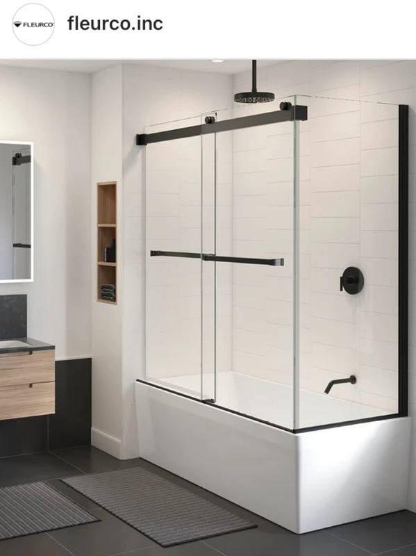 Fleurco’s Sequence corner tub with  Gemini plus shower doors.