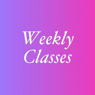 Text saying 'Weekly Classes' on a purple to pink gradient background.