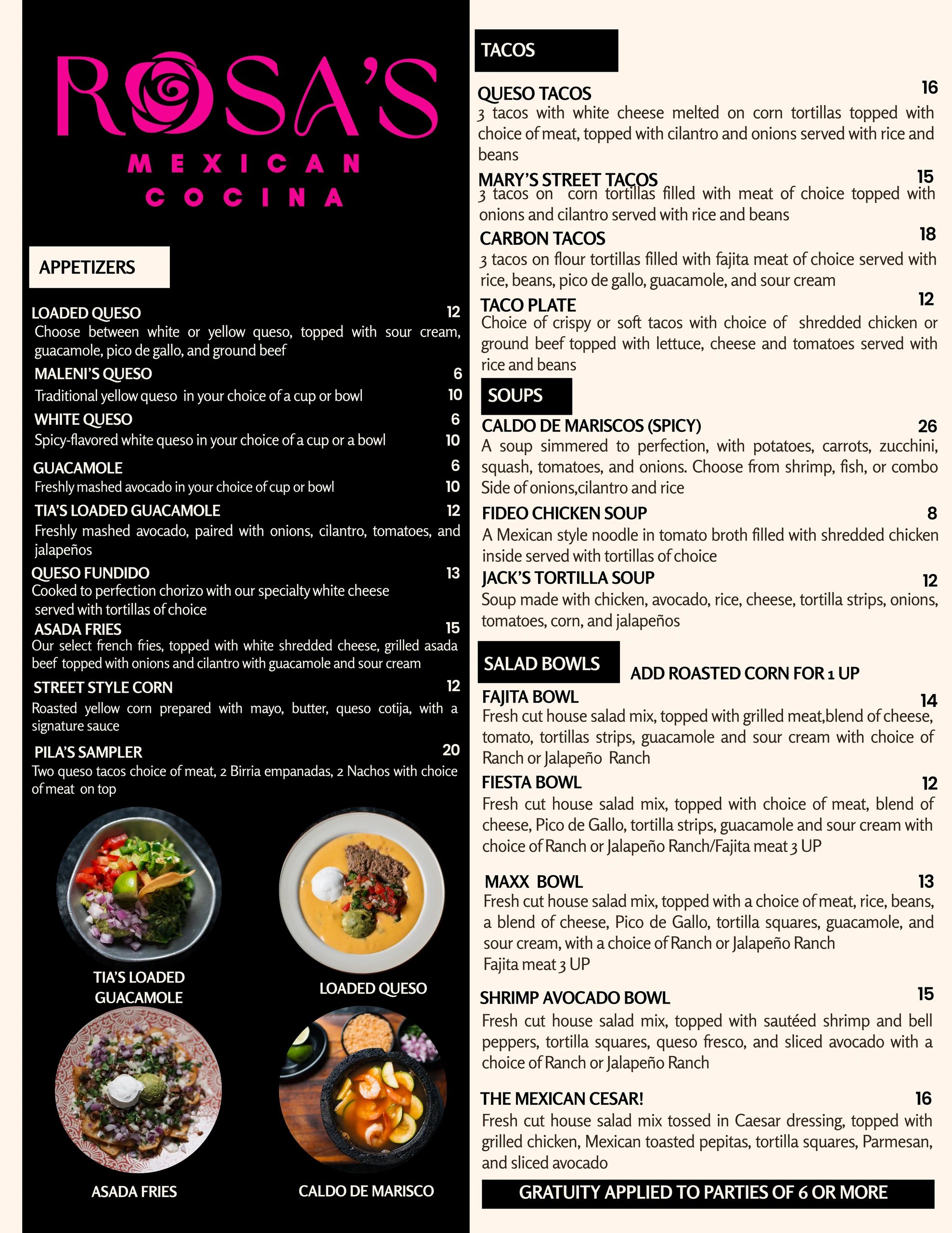 Menu from Rosa's Mexican Cocina featuring appetizers, tacos, soups, and salad bowls.
