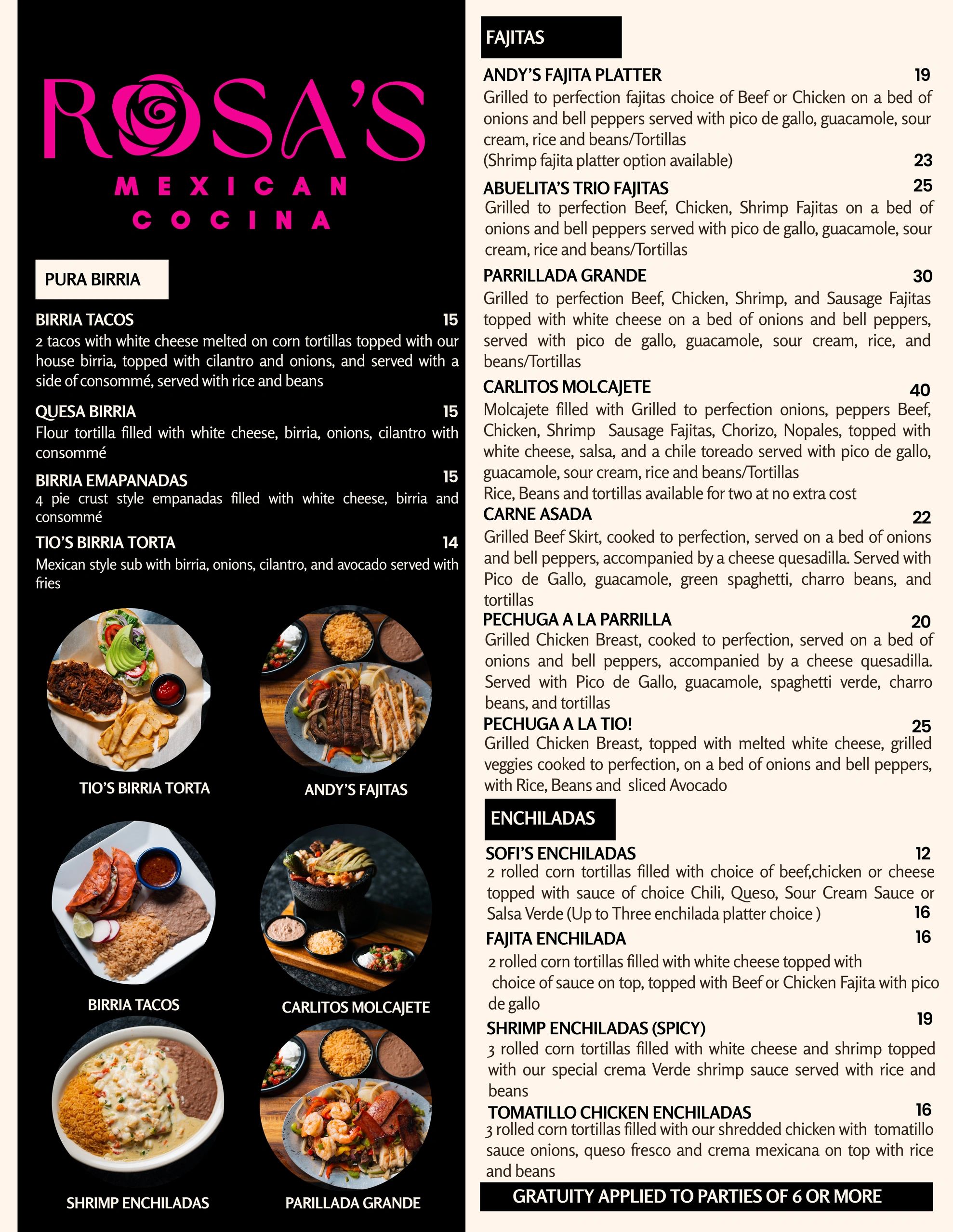Menu featuring Birria, Fajitas, and Enchiladas dishes with detailed descriptions and prices.