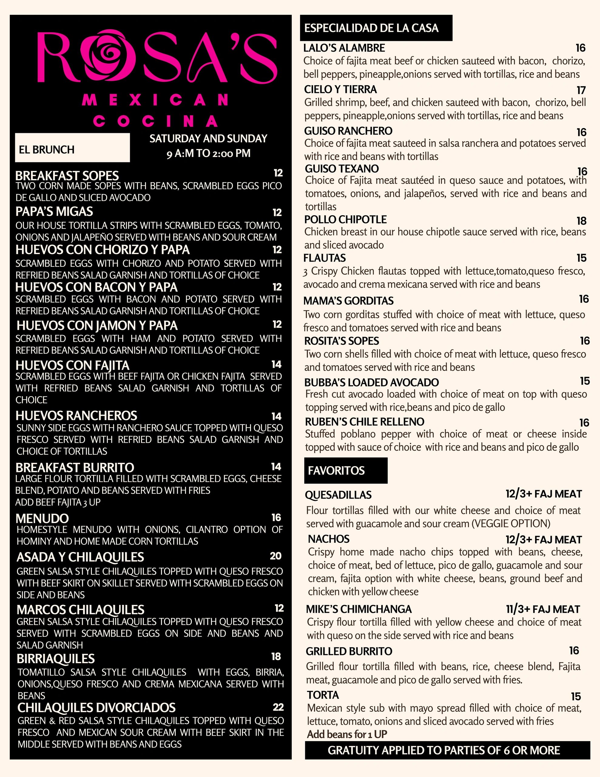 Mexican brunch and specialty dishes menu with various meat, eggs, and avocado options.