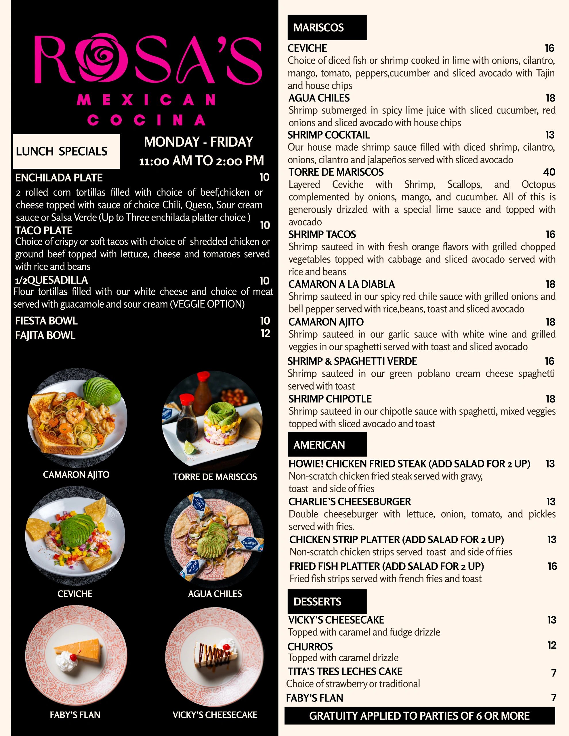 Rosa's Mexican Cocina lunch specials and seafood menu with vibrant food images.