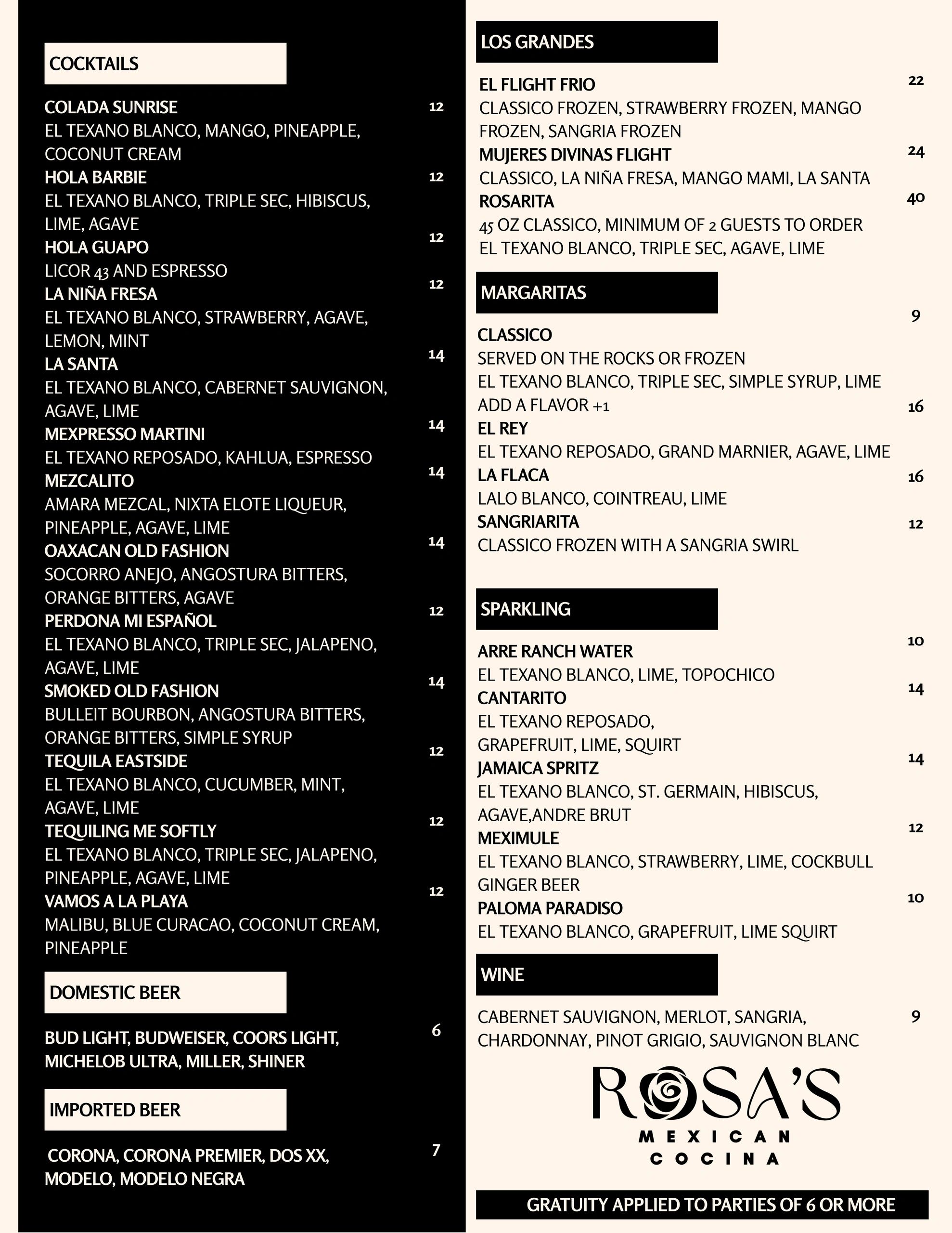 Cocktail, beer, margarita, and wine menu from Rosa's Mexican Cocina.