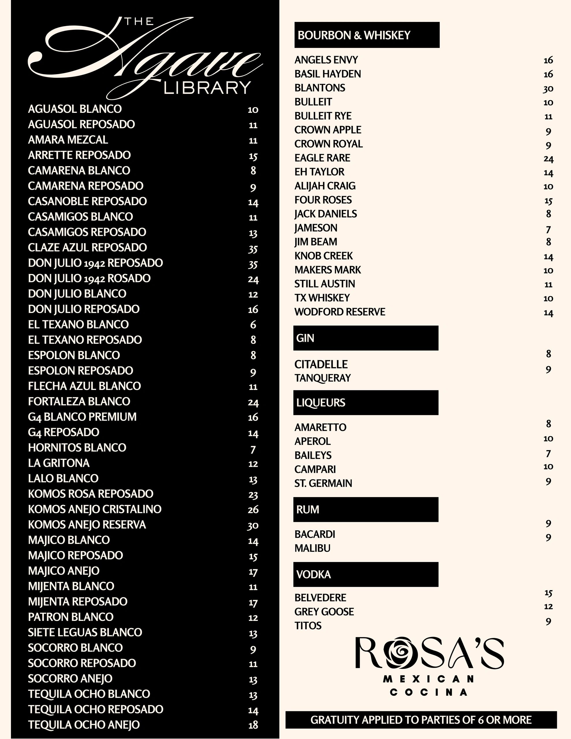 Menu listing various tequilas, bourbons, whiskeys, gins, liqueurs, rums, and vodkas with prices.