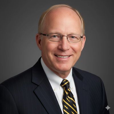Professional portrait of a smiling man in a suit and tie with glasses.
