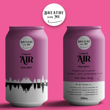 Purple cans of 'Breathe with Me' canned air from Bali.