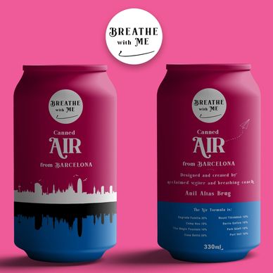 Two maroon and blue cans labeled "Breathe with Me" containing air from Barcelona.