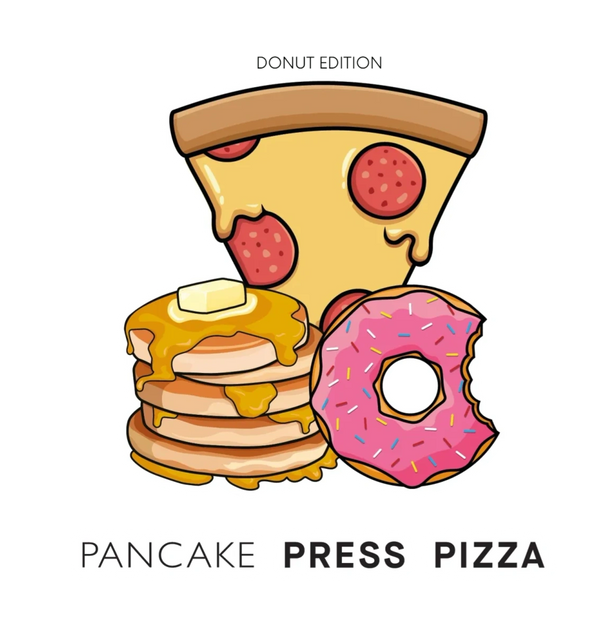 Pancake stack with pizza slice and donut logo 