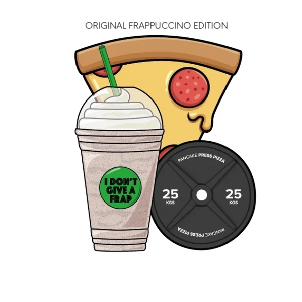 Frappuccino cup with pizza slice and weight plate logo 