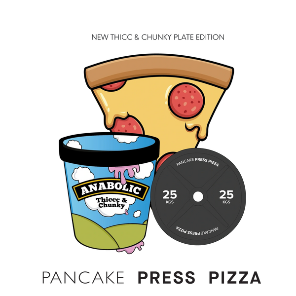 Pizza slice with ice cream tub and weight plate logo 
