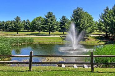 A serene pond with a water fountain and wooden fence under a clear blue sky.