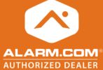 Logo of an Alarm.com authorized dealer on an orange background.