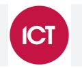 Red circle with white ICT text inside.