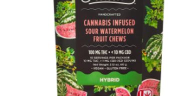 Cannabis-infused sour watermelon fruit chews with watermelon illustrations on packaging.