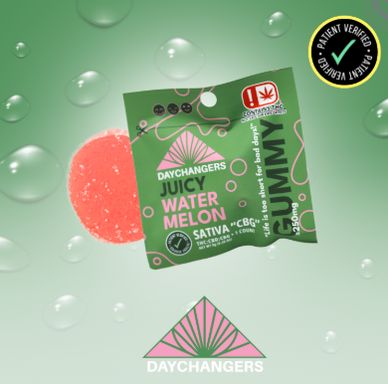 Juicy watermelon-flavored Daychangers gummy with CBD and THC, labeled safe and potent.