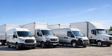 A lineup of four white delivery trucks parked outdoors.