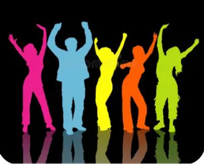 Colorful silhouettes of five dancing people against a black background.