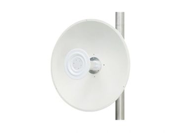 White satellite dish attached to a metal pole.