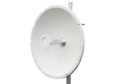 White parabolic antenna on a metal pole.