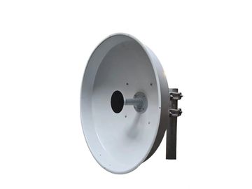 Large white parabolic antenna with mounting bracket.