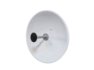 White parabolic satellite antenna against black background.