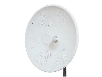 White parabolic antenna dish on a stand.