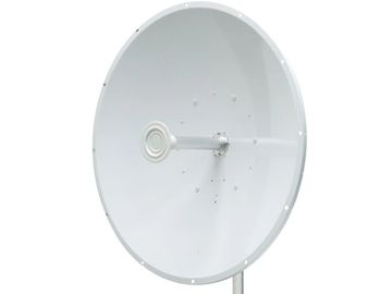 White parabolic satellite dish against white background.